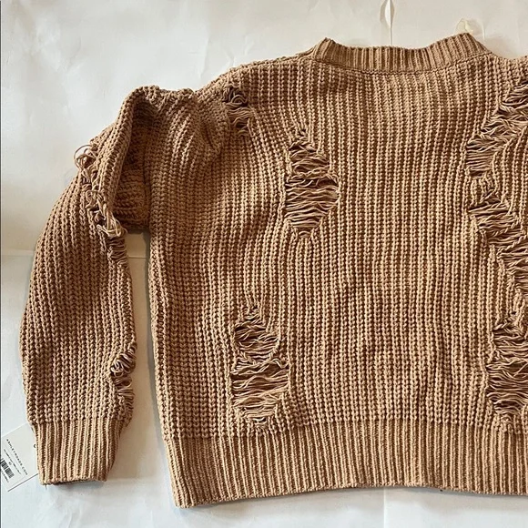 POL Tan Distressed Crew Neck Sweater woman’s oversized small beige chunky top - Picture 7 of 10